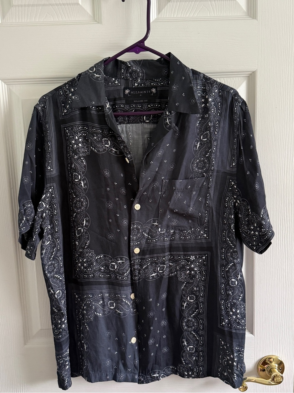 All Saints Navy Bandana-Print Short Sleeve Button-Front Shirt - Picture 8 of 9